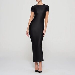 Skims Shine Jersey Long Dress XL Black Bodycon Midi Short Sleeve Minimal Chic